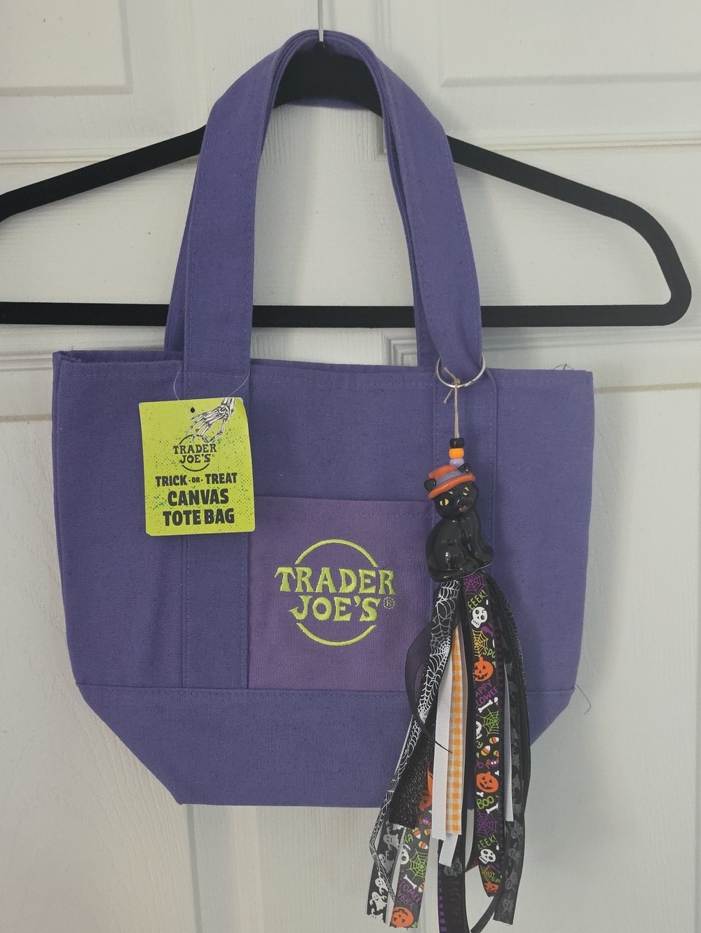 Mini Trader Joe's Purple/Lavender Canvas Tote Bag With Halloween Charm/Tassel